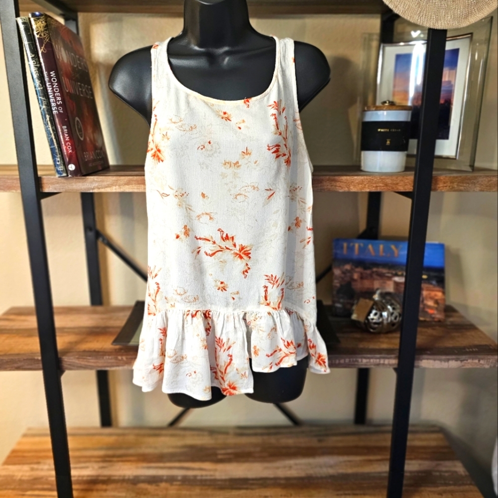 Hinge Nordstrom Sleeveless Ivory Floral Blouse Size S high-low ruffle hem